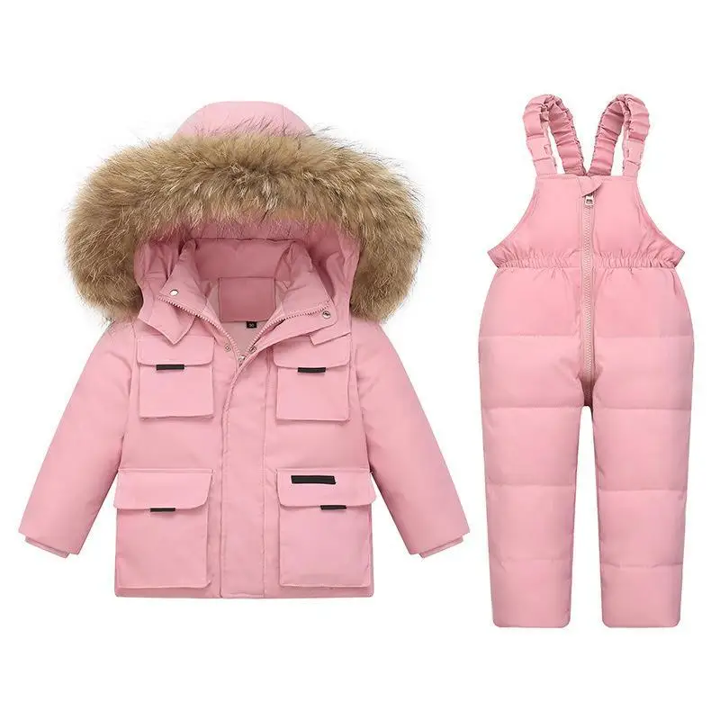 Baby Girl Winter Down Jacket And Jumpsuit For Children Thicken Warm Fur Collar Jacket For Girls Infant Snowsuit 2pcs Set