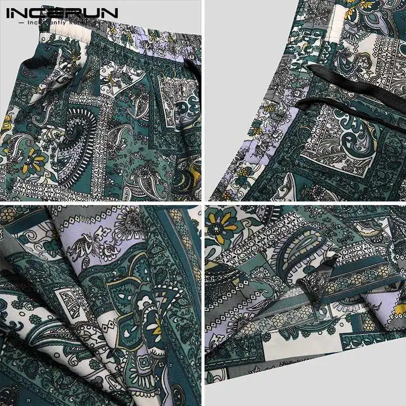 

INCERUN Summer Men Casual Shorts 2021 Printed Pockets Drawstring Vacation Hawaiian Shorts Ethnic Style Baggy Leisure Men Bottoms