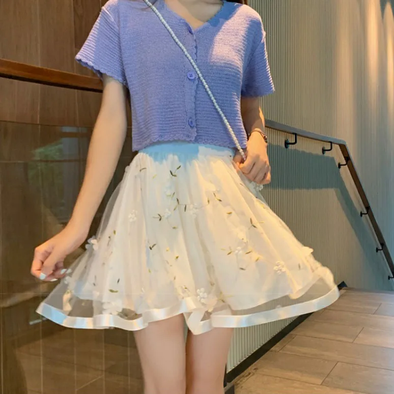 

2021 Kawaii Mesh Floral Skirt Women Sweet High Waist Temperament A-line Mini Skirt Soft Girl Fairycore Summer Korean Fashion