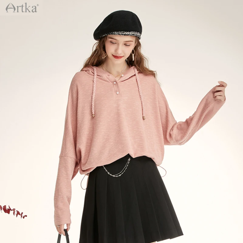 

ARTKA 2021 Autumn New Women Hoodies Fashion Casual Pullover Knitting Hoodies Loose Long Sleeve Pink Sweatshirt Female VA20019D