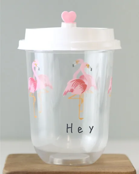 cup and lid3 50 шт одноразовая кофейная чашка fat u-образный молочный чай пластиковая чашка Фламинго шаблон 500 мл напиток сок упаковка кружки с крышками - Цвет: cup and lid3