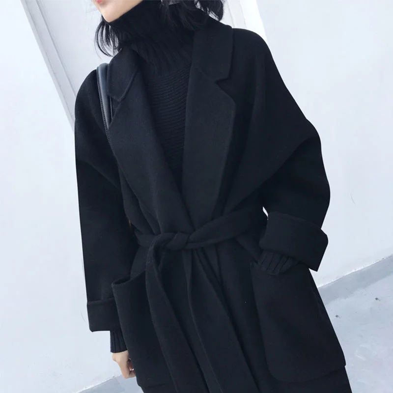 

Двустороннее кашемировое пальто ручной работы, женское осенне-зимнее длинное шерстяное пальто выше колена, черное шерстяное пальто
