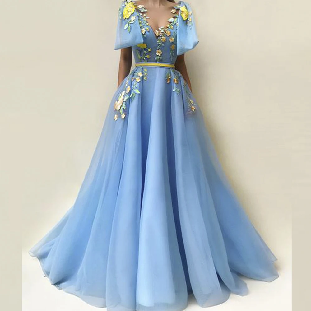 

Yellow Lace Applique Sleevesless V- Neck Blue Organza Prom Dress Back Lace Up With Bow Spaghetti Straps Party/Bridesmaid Dres