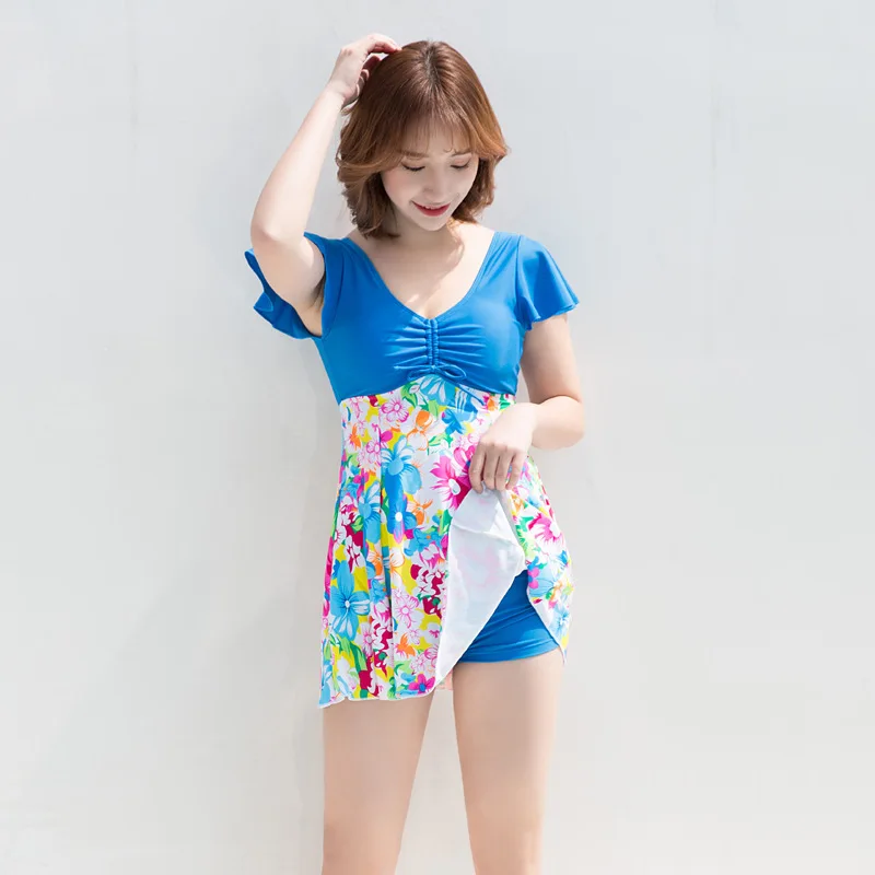 

Plus Size Swimsuit 2021 Summer Beach Dress Sexy Printed Short Sleeves Ruffle Boxer Pant Split Bathing Suit for Women