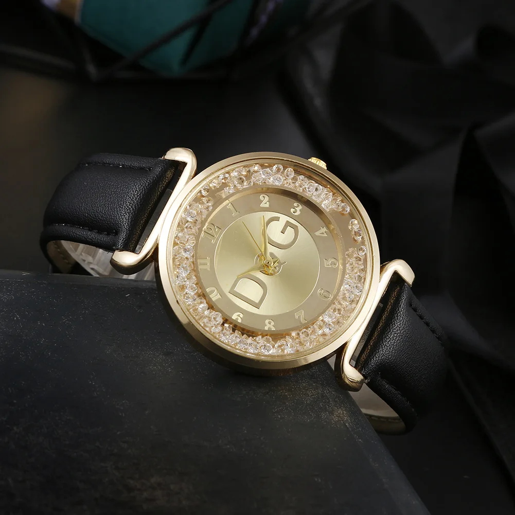 

DQG top luxury brand watch big LOGO steeple glass floating diamond scale silver powder dial metal strap fashion casual watch