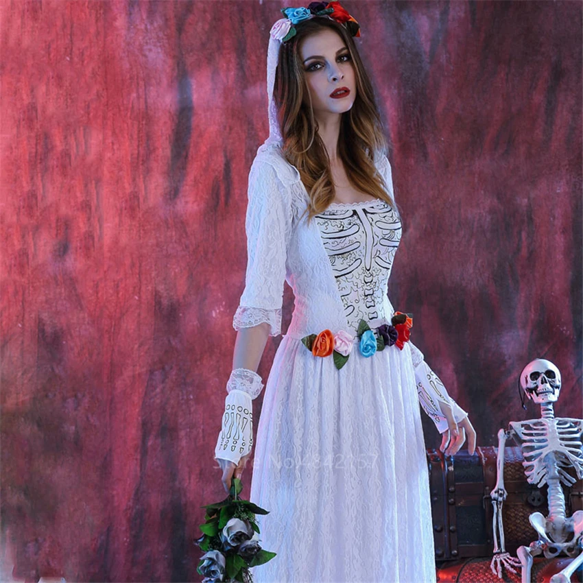 Платье на Хэллоуин со скелетом для невесты страшный женский костюм косплея с