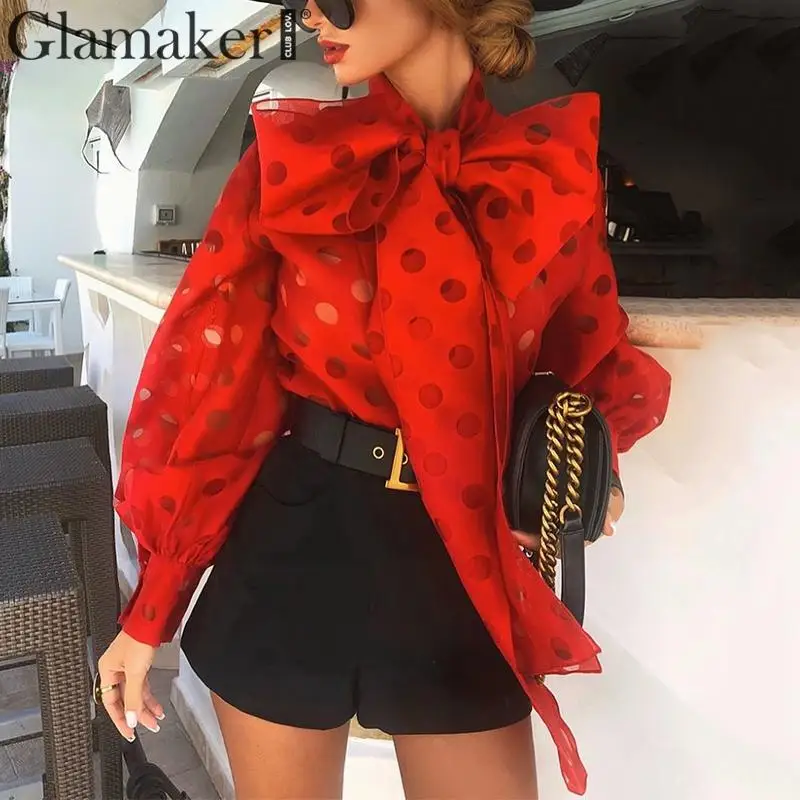 Женская блузка с бантом из органзы Glamaker красная в горошек рукавами фонариками