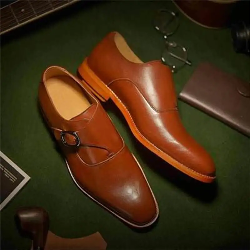

New Men Fashion Trend Classic All-match Dress Shoes Handmade Red Brown PU Square Toe Retro Side Buckle Daily Monk Shoes 6KF646