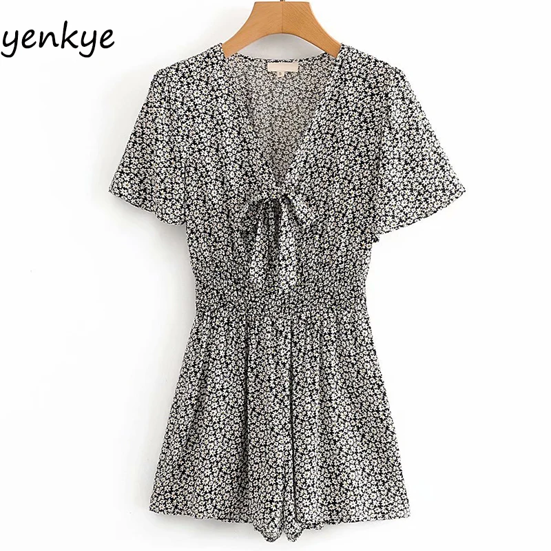 

Vintage Daisy Floral Print Jumpsuit Women Front Bow V Neck Short Sleeve Elastic Waist Summer Jumpsuit Short Casual Overalls