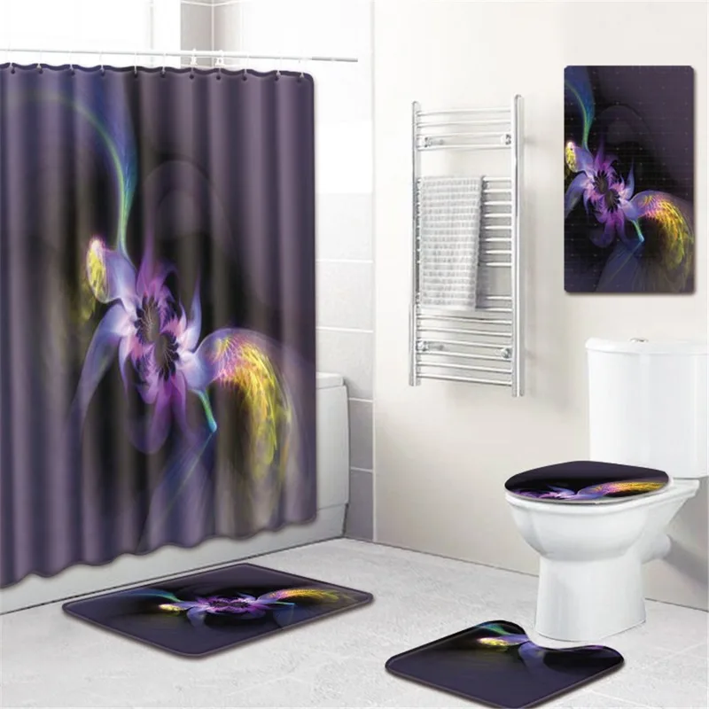 

Bathroom Mat Waterproof Shower Curtain Toilet Five-Piece Set PVC Non-Slip Door Mat Flannel Printing Carpet bathroom rug set