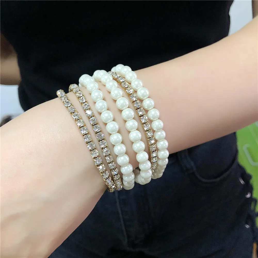 

6Pcs/Set Bohemian Rhinestone Gold Bracelets For Women Jewelry Geometric Pearl Beads Layered Hand Chain Charm Bracelet Set Gifts