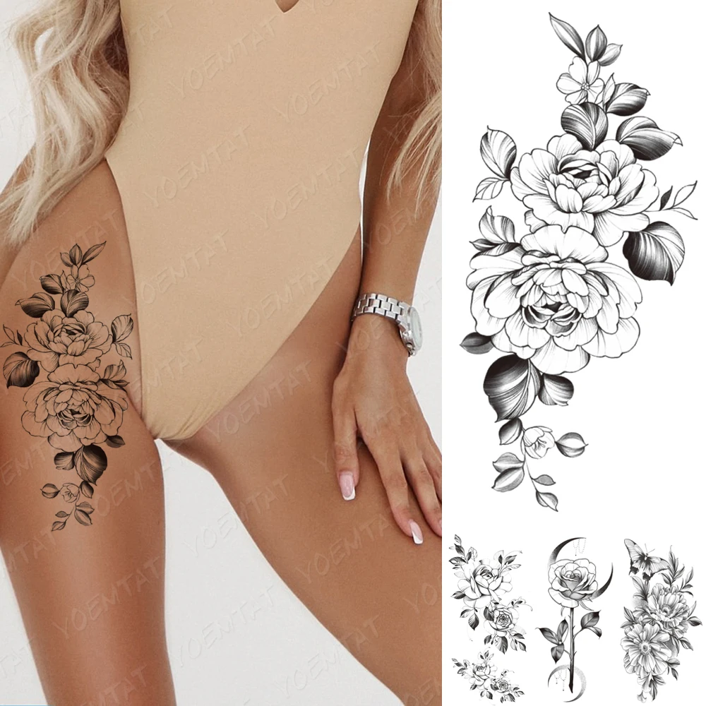 

Водостойкая Временная тату-наклейка, пион, цветок, цветок сливы, флэш-тату, Женская Минималистичная линия, боди-арт, искусственная татуировк...