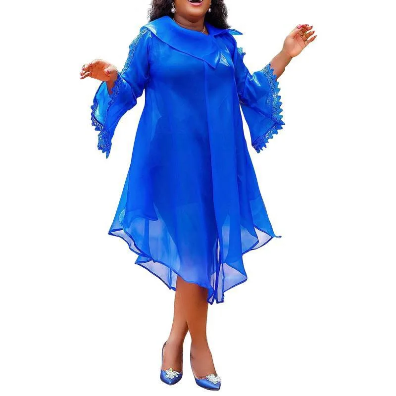 

Plus Size Dresses For Women 4xl 5xl Blue Lace Patchwork Chiffon Flare Sleeve Loose Mid Calf Pullovers Elegant Evening Night Hot