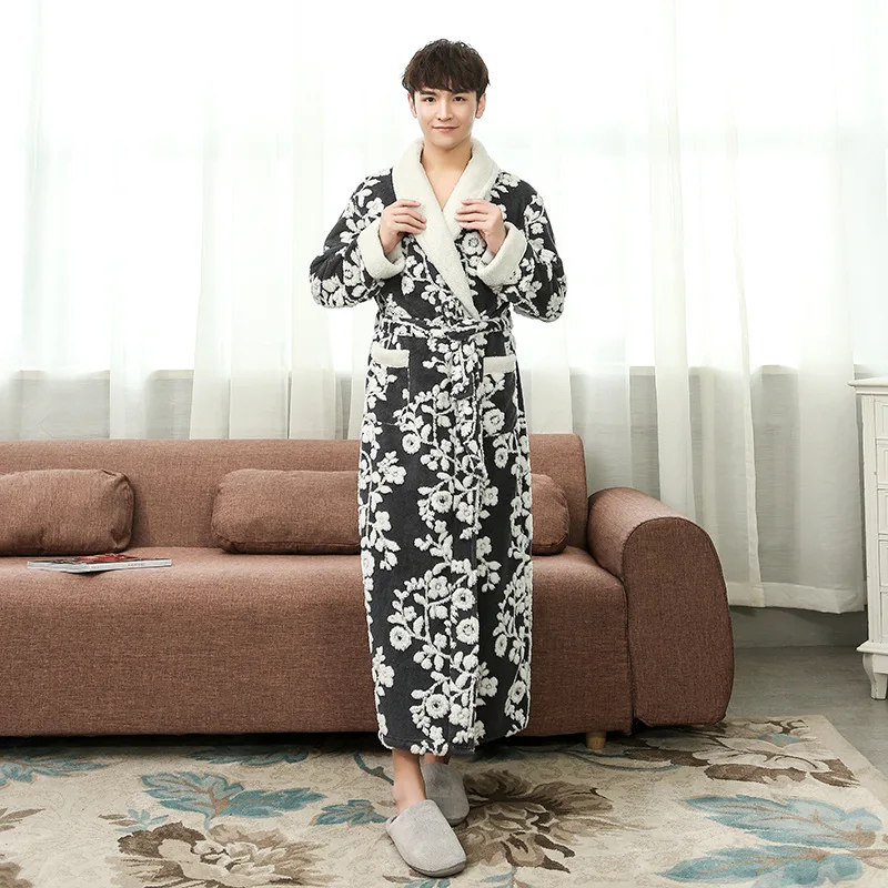 

Vintage Floral Flannel Robe Male Thick Solid Dressing Gown Belted Empire Men'S Bathrobe Autumn Winter Long Robe Mens Bath Robe
