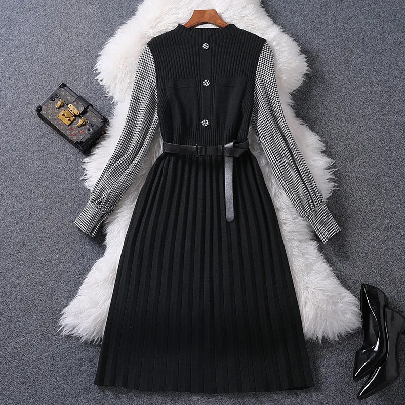 

Europe Fashion Autumn Winter Dress Woman Clothes 2019 New Long Sleeve Plaid Sleeves Patchwork Aline Knitted Sweater Dress Casual