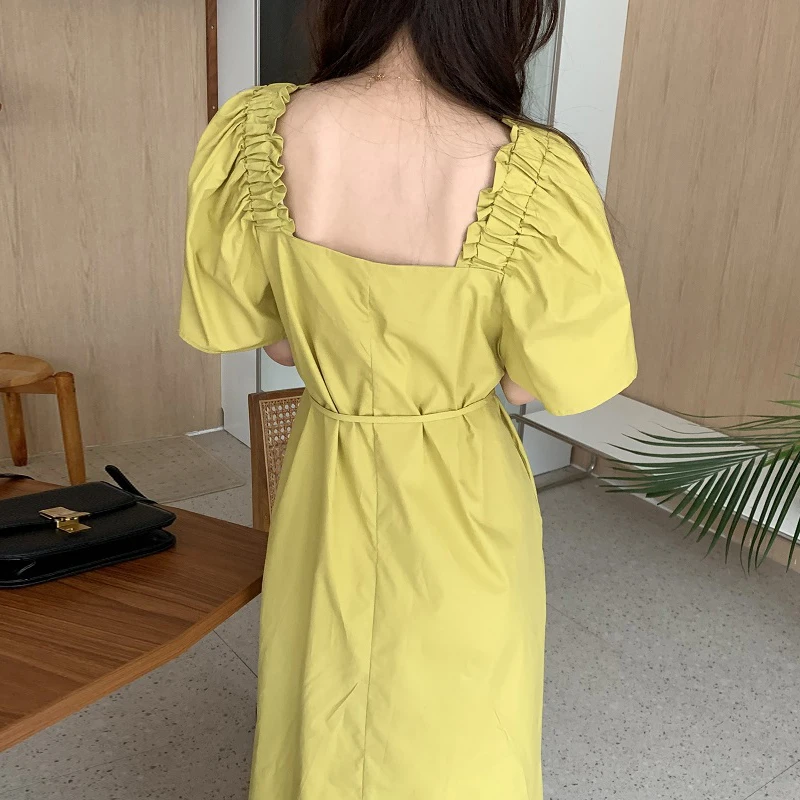 

Korejpaa Women Dress 2021 Summer Fashion Gentle Wrinkle Solid Square Collar Halter Strap Waist Loose Short Sleeve Long Vestidos