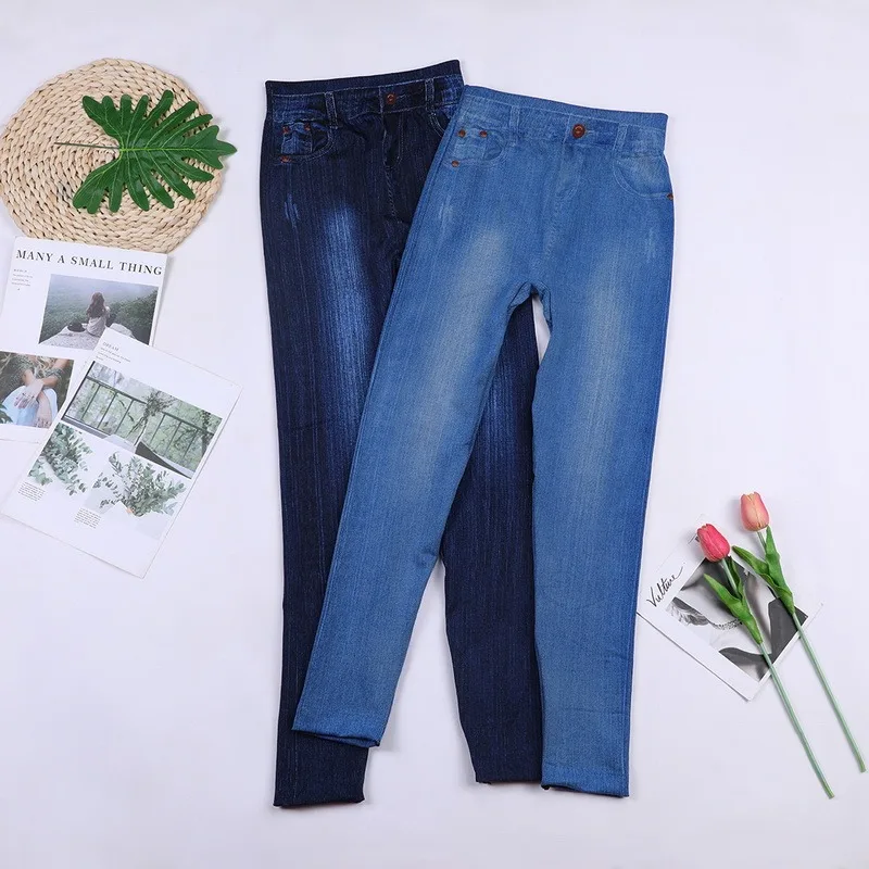 

2021 New Women Elastic Jean Leggings Pants High Waist Slim Push Up Seamless Pencil Pants Denim Casual Pants