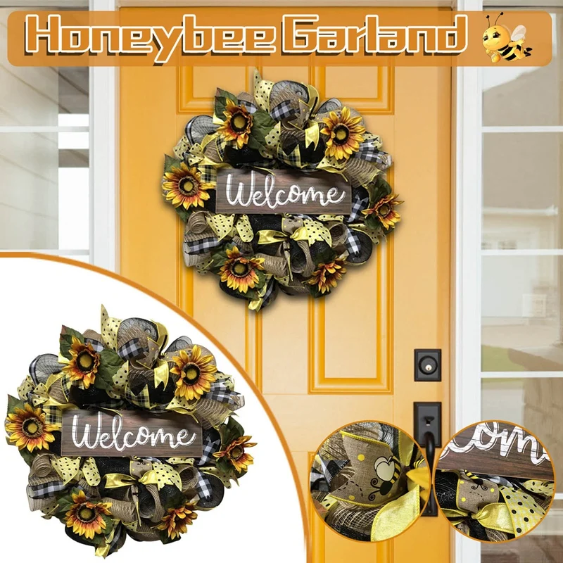 

Bee Sunflower Wreath Spring Artificial Flower Garland Hanging Welcome Door Sign Ornament Wall Window Home Decoration