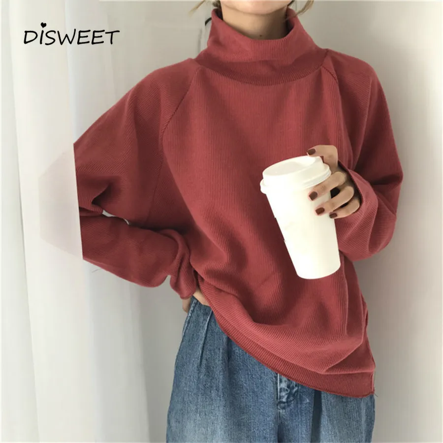 

DISWEET 2019 Turtleneck Sweater Women Solid Long Sleeve Knit Tops Loose Casual Sweaters Korean Female Pullovers