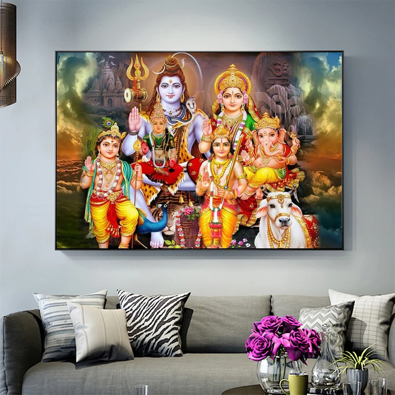 Shiva Parvati Ganesha индийское искусство фигурка индуистского бога Картина на холсте