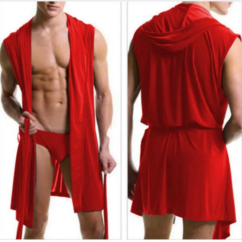 

Free shipping men sexy pajamas sleepwear Silk hombre hooded bathrobe men bath 5 color set Summer dress bath robe with briefs