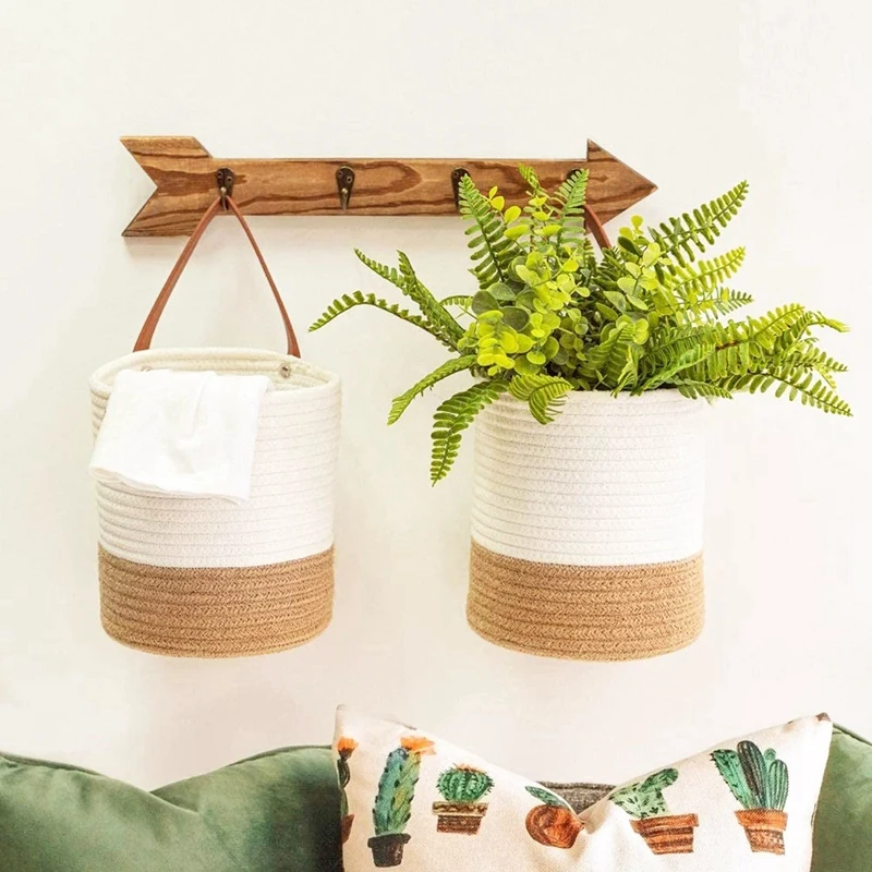 

Woven Wall Hanging Storage Basket Set of 2 with Handle Hanging Planters Storage Organizer, for Potted Plants