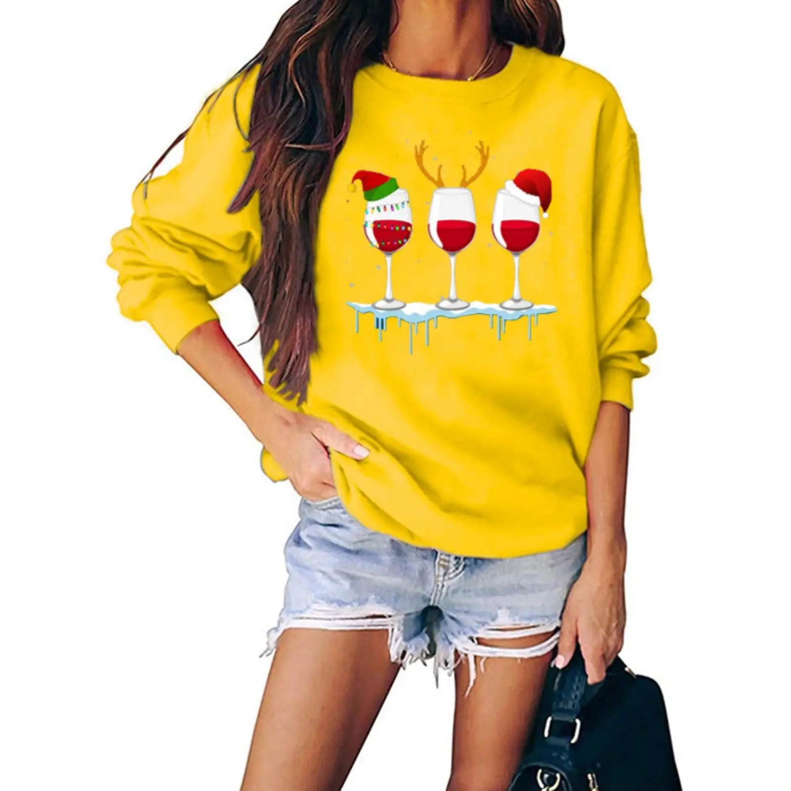 

2020 Christmas Clothes Shirt Women Autumn Winter Long Sleeve Wineglasses Print Christmas Blouse Sweatshirt