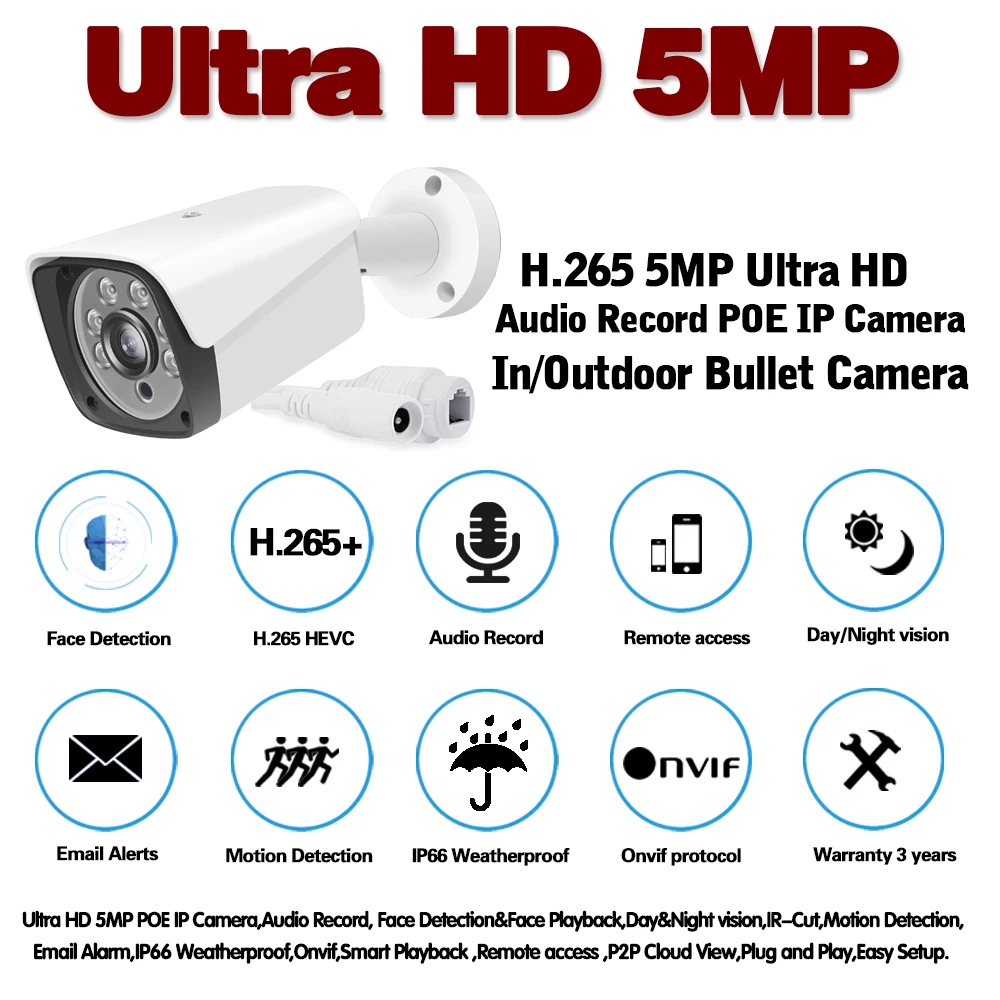 H.265 5MP CCTV безопасности POE IP камера обнаружения человека Открытый Wterproof Аудио Видео
