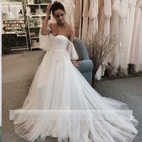 off the shoulder wedding dresses white 2021 sweetheart half sleeve lace bridal gown sweep train for elegant women robe de mariee