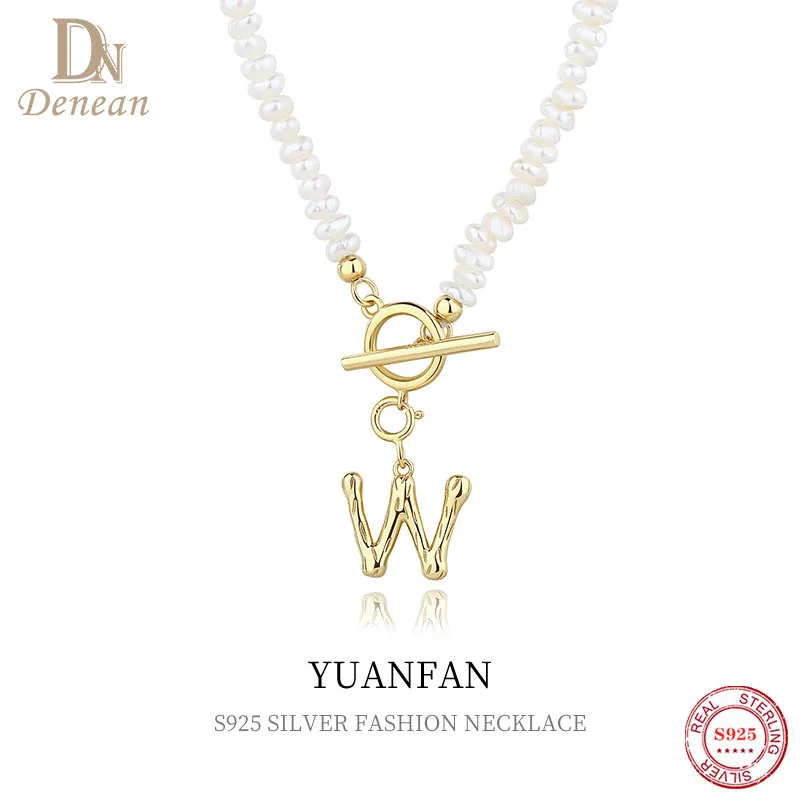 Denean 925 Sterling Silver 26 Letter Initial Necklace OT Buckle Baroque Pearl Pendant For Women Party DIY Jewelry Accessories