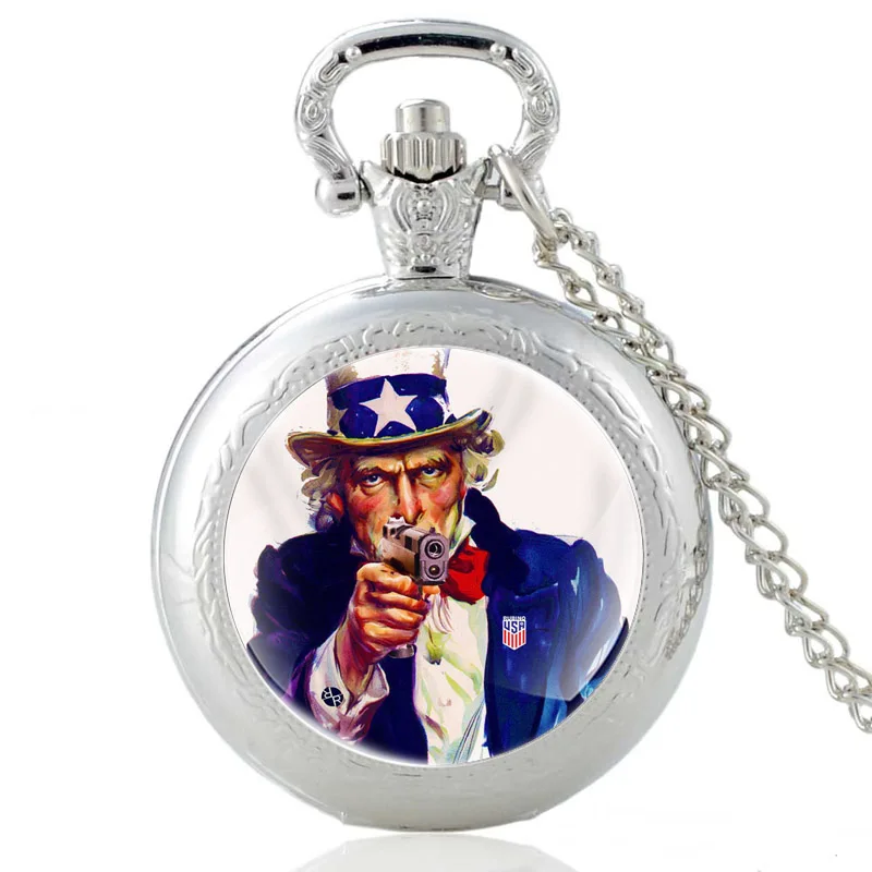 

Classic United States Uncle Sam Silver Vintage Quartz Pocket Watch Men Women Glass Dome Pendant Necklace Hours Clock Gifts