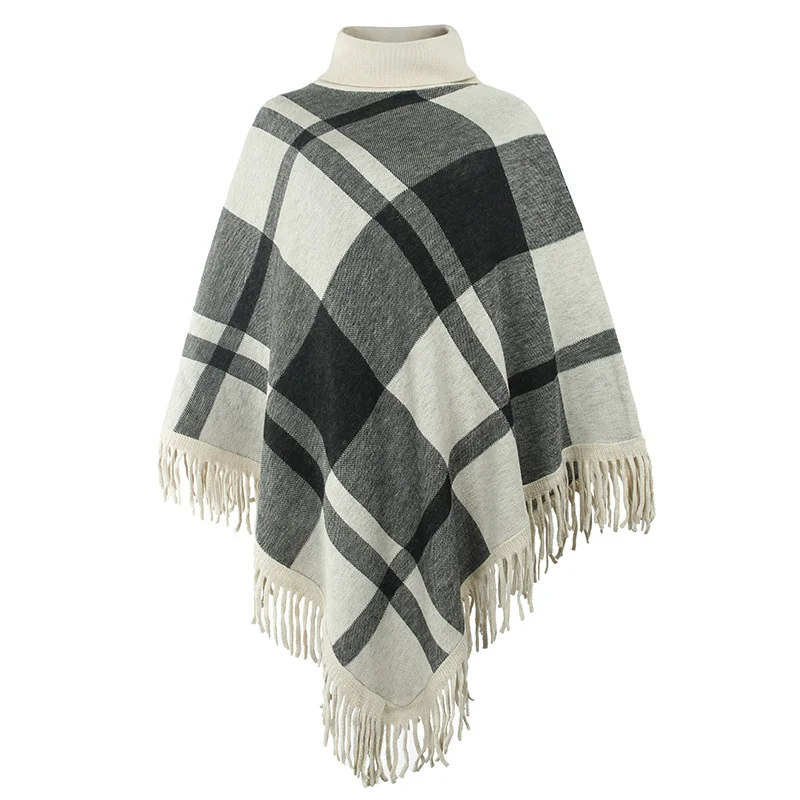 

Plaid Oversized Sweater Women Knitted Poncho 2023 Autumn Winter Tassel Cloak Turtleneck Bat Sleeve Pullovers Female Cape Shawl