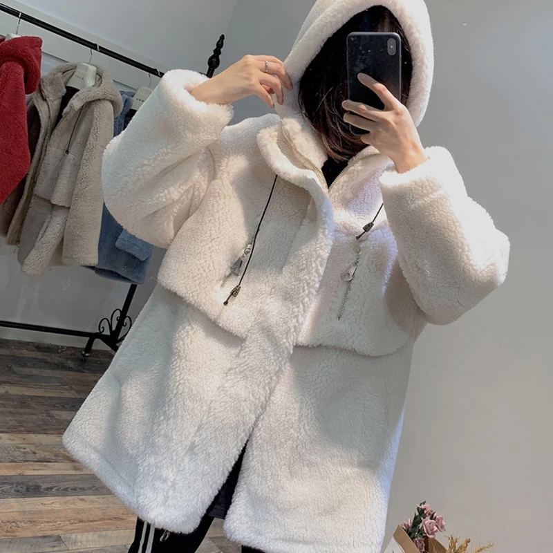 

Faux fur with hood 2020 new fashion winter 30% wool women plus size teddy coat thick warm casual clothes