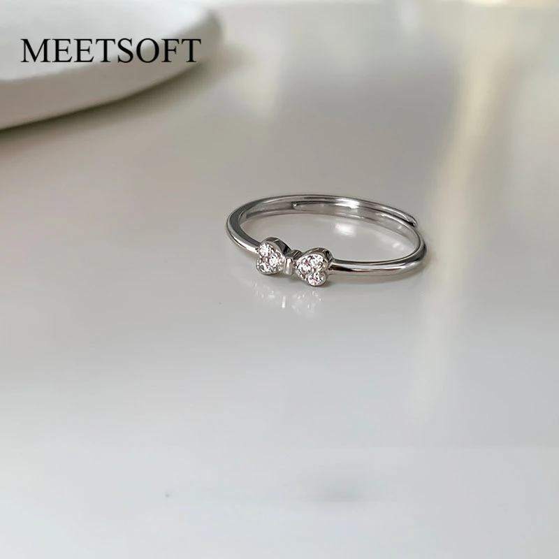 

MEETSOFT 925 Sterling Silver Minimalist Exquisite Bowknot Zircon Opening Ring for Women Chic Romantic Fine Jewelry Drop Shipping