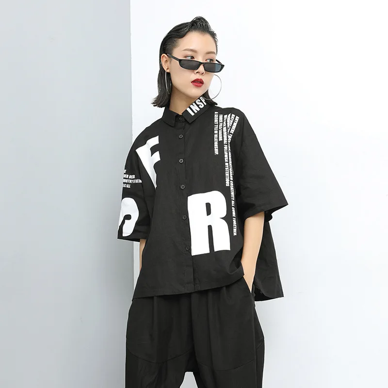 

Vefadisa Black White High Quality Summer Women Blouse 2021 Letter Print Summer Blouse Short Sleeve Casual Shirts Loose QYF5432