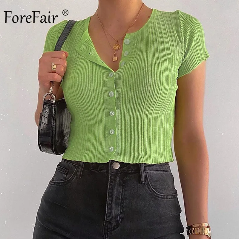 Женский ребристый укороченный топ Forefair футболка с коротким рукавом и круглым