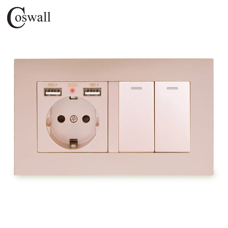 Настенная розетка стандарта ЕС COSWALL с заземлением и 2 USB-портами для зарядки