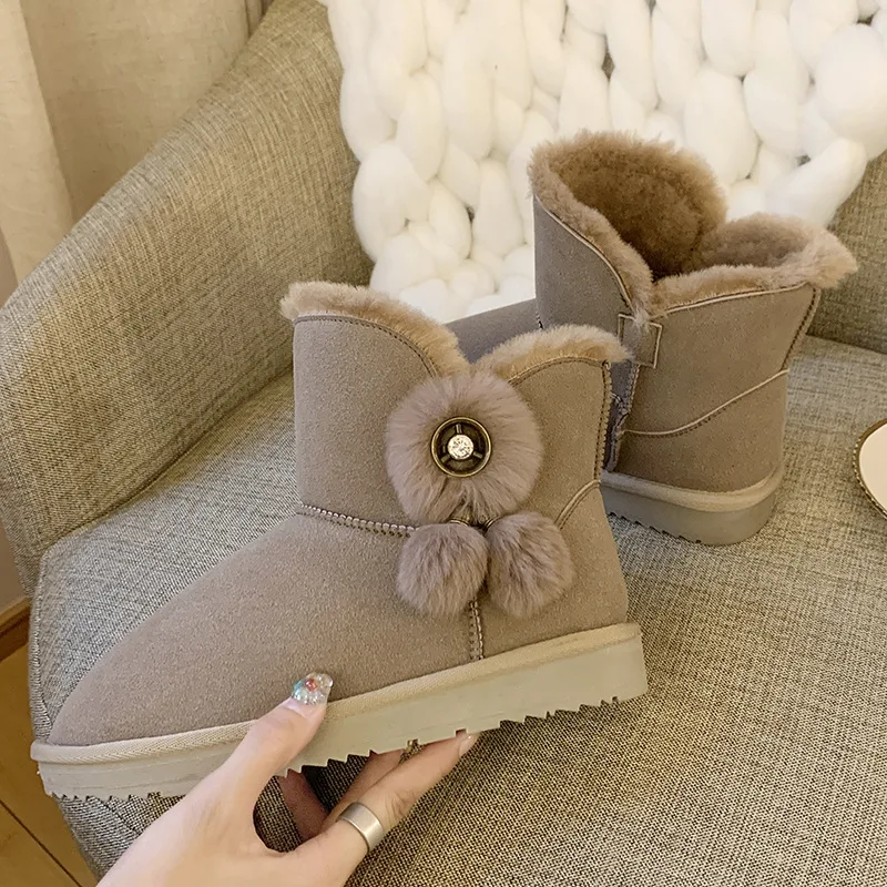 

Winter warm cotton shoes soft bottom waterproof tube cotton shoes real hair mouth handmade snow boots women's boots