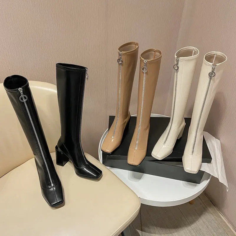 

Black Beige Apricot Leather Women Boots Fashion Zipper Thick High Heel Knee High Boots Ladies Square Toe Autumn Winter Shoes