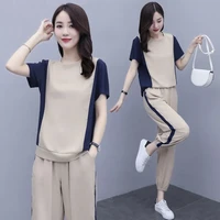single piecesuit sports style female 2022 summer new mothers wear women set t shirt top round neck two piece 2pcs