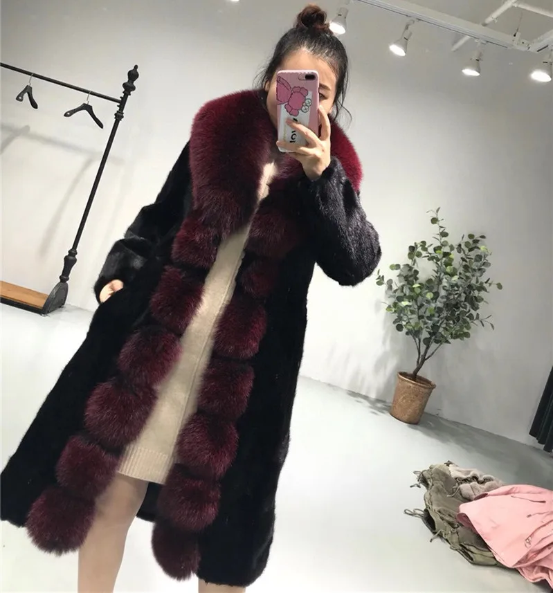 

Whole Skin Real Mink Fur Coat Female Large Fox Fur Collar Long Coats Winter Jacket Women Plus Size M-4XL
