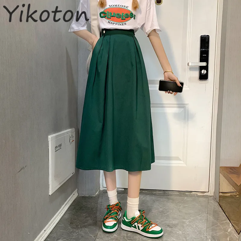 

2021 Skirts Women Simple Solid Leisure Loose White Middle Length Skirt Casual Korean Style A-line Student Streetwear Temperamen