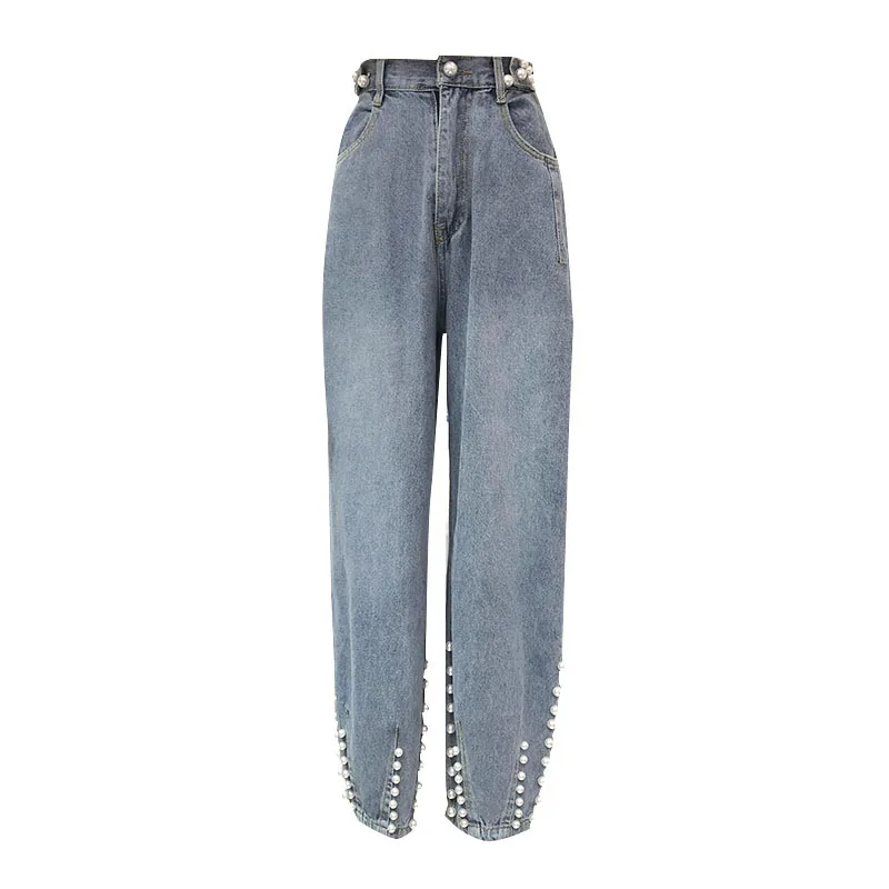 

SHENGPALAE 2021 New Autumn Casual Jeans Woman Long Trousers Cowboy Female Loose Streetwear High Waist Beading Pants ZA5283