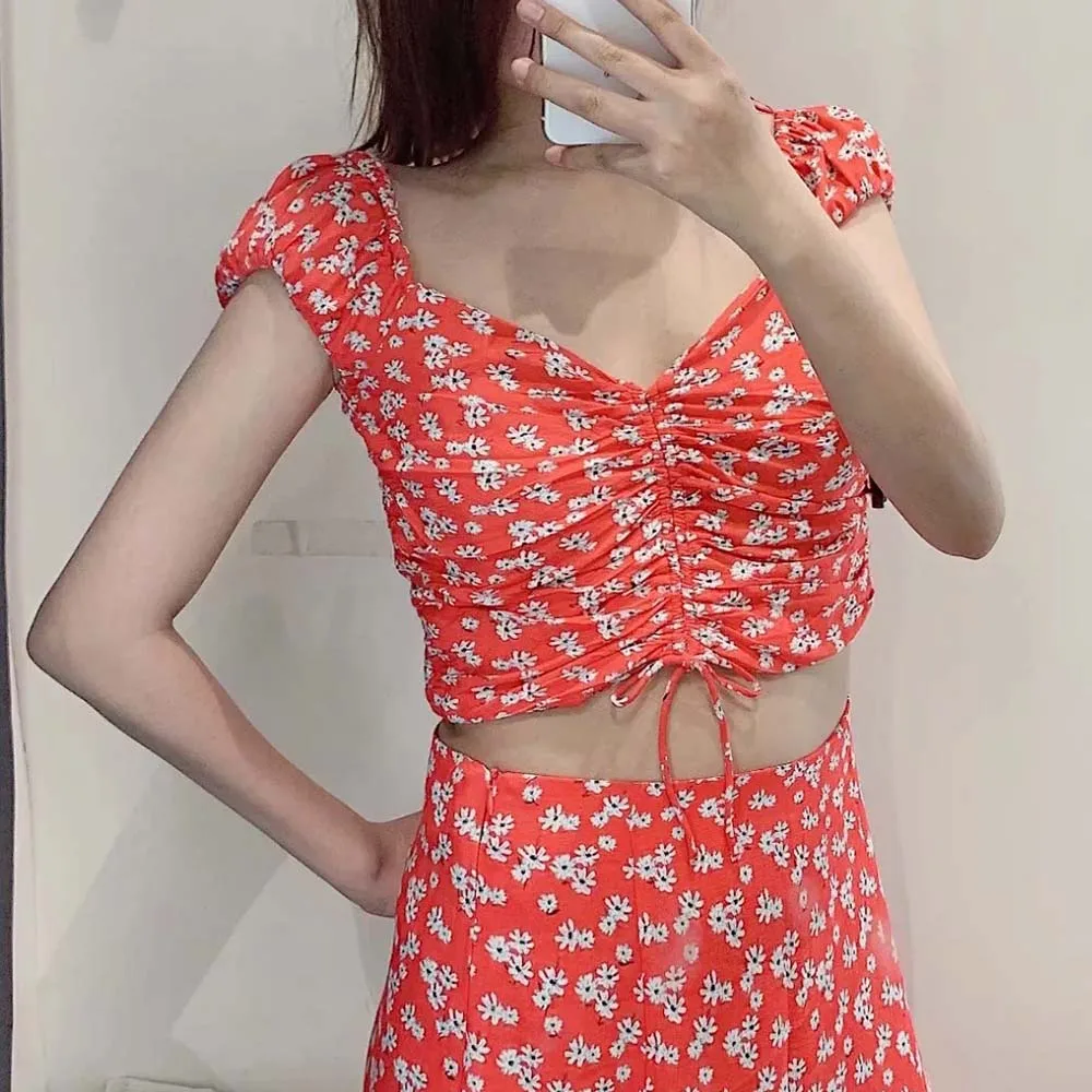 Новинка богемные женские короткие рубашки с принтом пышные короткими рукавами в