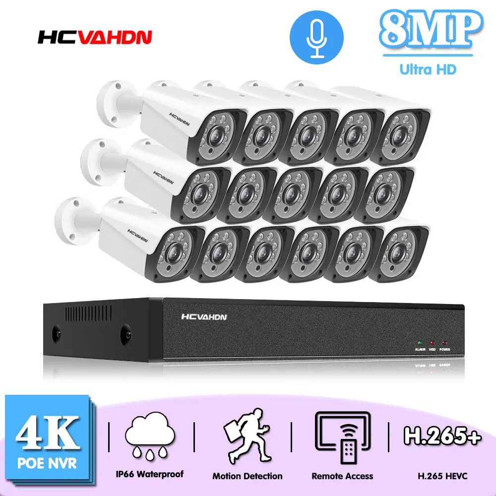 

8MP POE Bullet Camera System Set 16CH NVR Kit 4K Outdoor Waterproof Audio CCTV Security Surveillance Camera System Kit HDD
