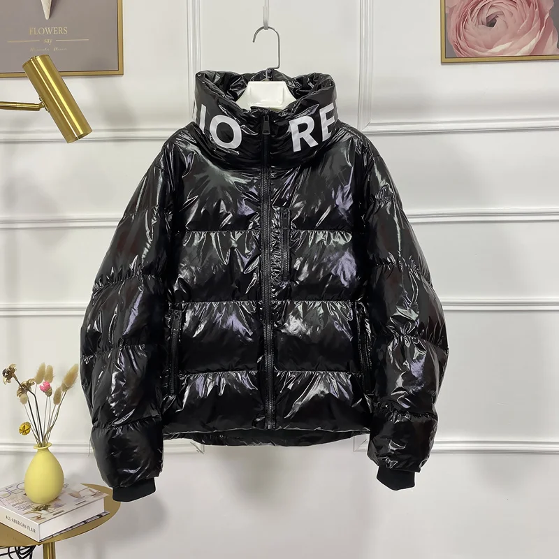 

Women' Down Jacket Winter Glossy Oversize Parka Letter Print Stand Collar Thick Outwear 90% White Duck Down Padded Short Coats