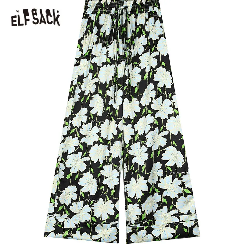

ELFSACK Green Floral Print Straight Casual Women Wide Leg Trousers 2020 Summer ELF High Waist Korean Ladies Daily Chiffon Bottom