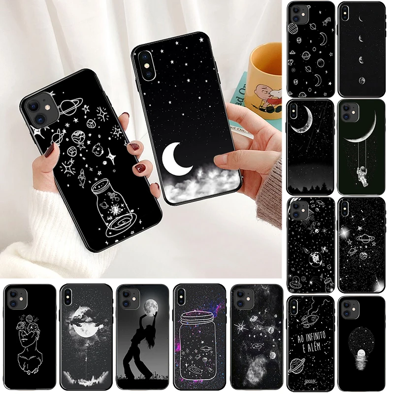 Чехол для телефона черный с белой луной звездами космонавтом iPhone 6S 6plus 7plus 8 8Plus X Xs