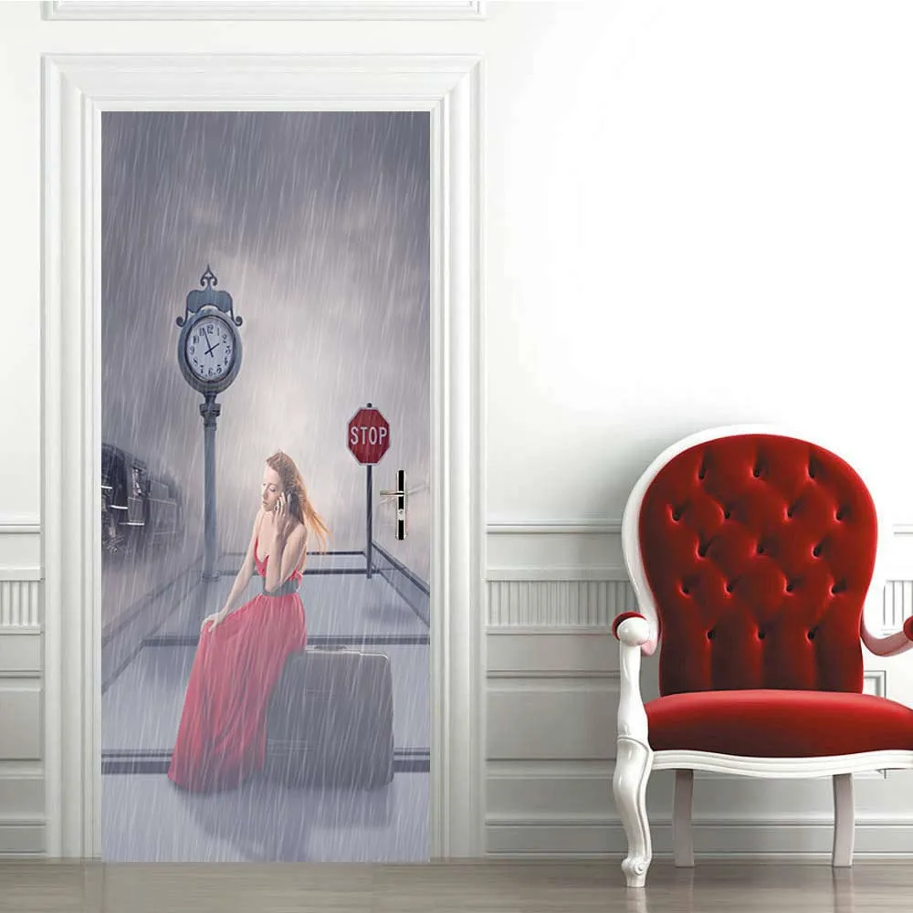 

Fashion Woman Door Stickers Home Decoration Rainy Day Platform Bedroom Living Room Decoration Door Decals Waterproof Two-Pieces
