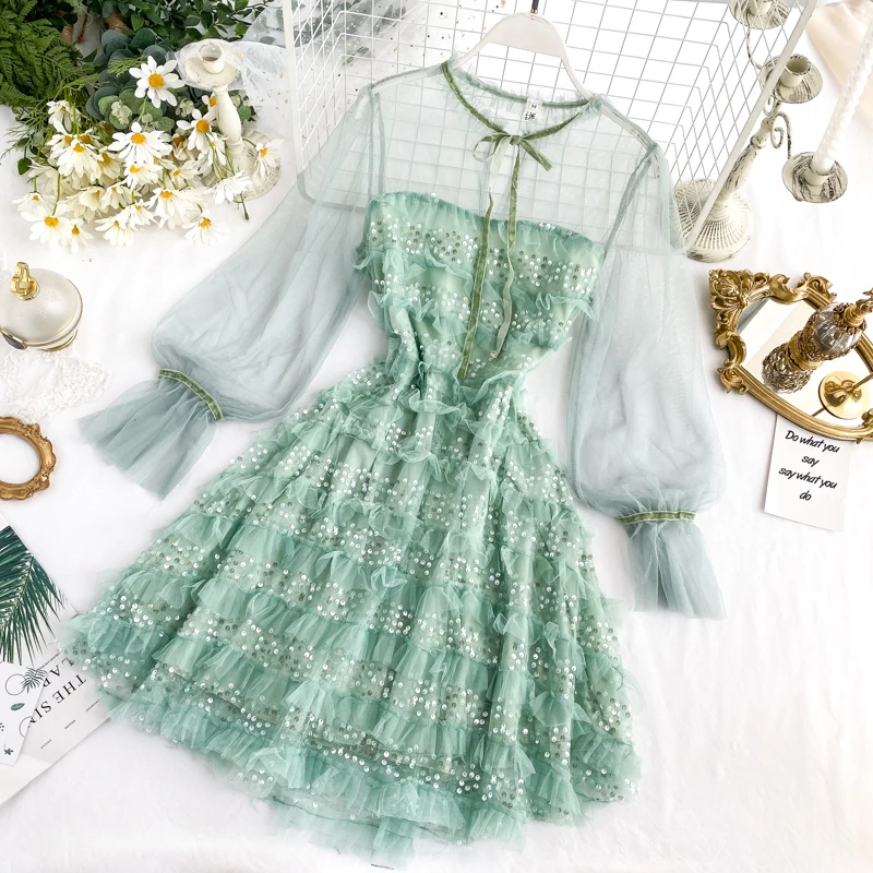 

Debutante Elegant Dress Formal Dress Daily Style Chic Sweet Ruffled Sequin Gauze Fairy Dress